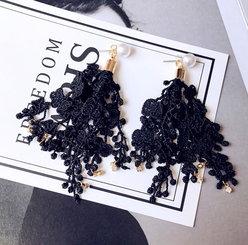 Fringed Lace Flower Rhinestone Pearl Long Dangle Earrings - Elegant Tassel Drop Earrings