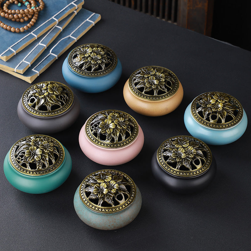 Ceramic Incense Burner with Copper Lid 
— Buddha Antique Alloy Meditation 
Aromatherapy Burner