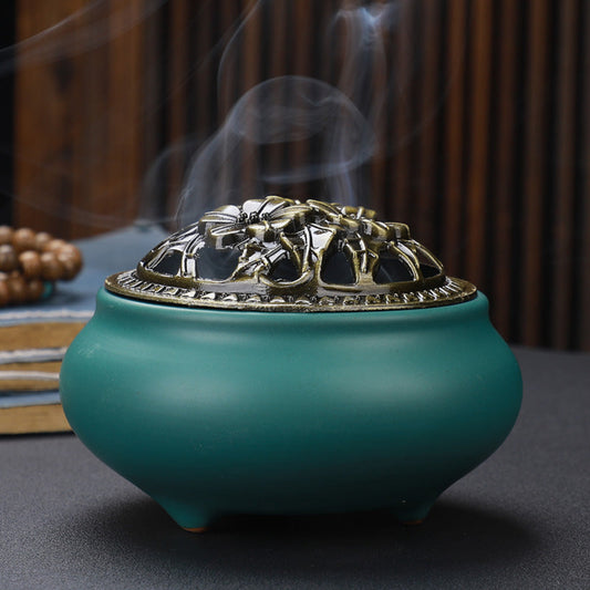 Ceramic Incense Burner with Copper Lid | Buddha Antique Meditation Aromatherapy