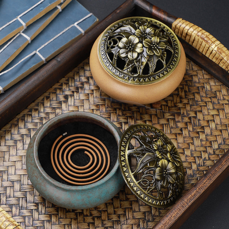 Ceramic Incense Burner with Copper Lid 
— Buddha Antique Alloy Meditation 
Aromatherapy Burner