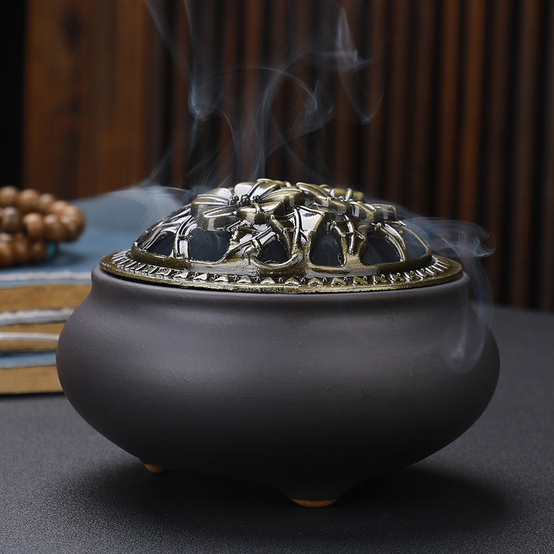 Ceramic Incense Burner with Copper Lid 
— Buddha Antique Alloy Meditation 
Aromatherapy Burner