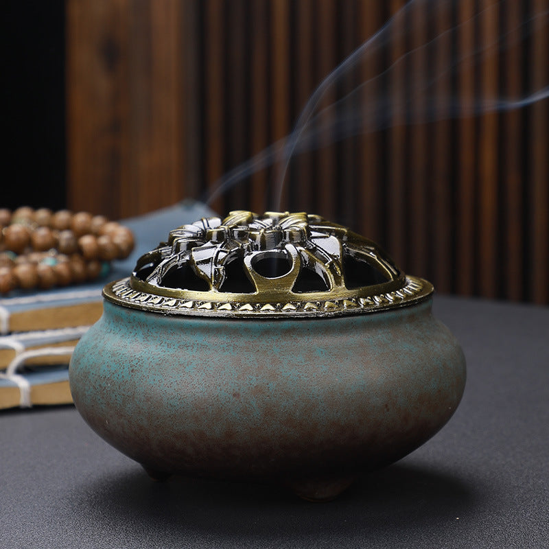 Ceramic Incense Burner with Copper Lid 
— Buddha Antique Alloy Meditation 
Aromatherapy Burner