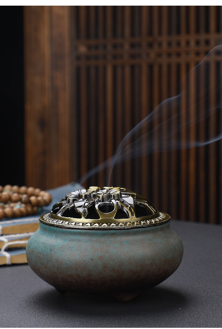 Ceramic Incense Burner with Copper Lid 
— Buddha Antique Alloy Meditation 
Aromatherapy Burner