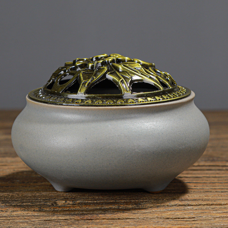 Ceramic Incense Burner with Copper Lid 
— Buddha Antique Alloy Meditation 
Aromatherapy Burner