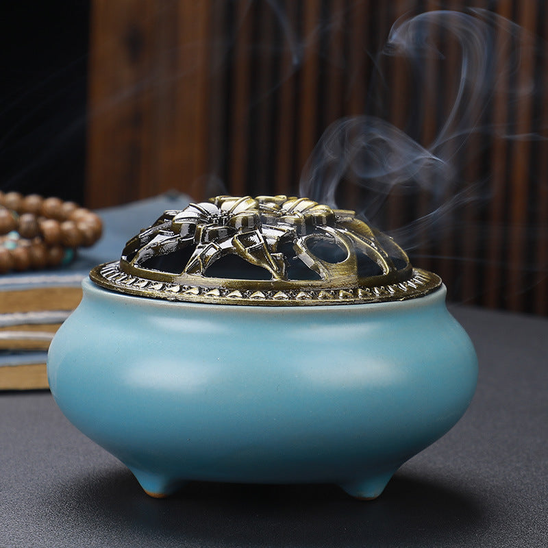 Ceramic Incense Burner with Copper Lid 
— Buddha Antique Alloy Meditation 
Aromatherapy Burner