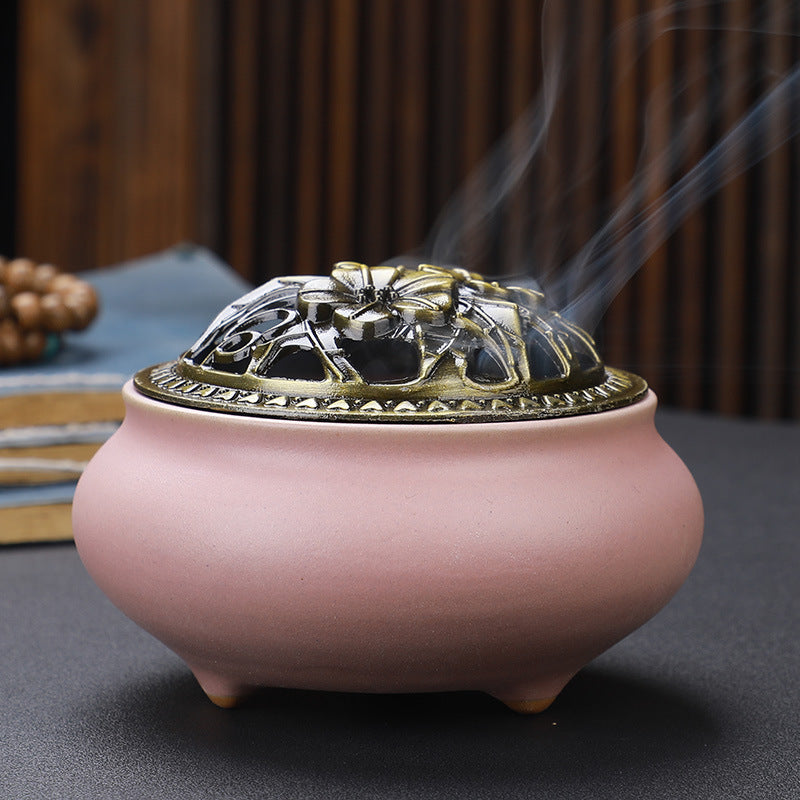Ceramic Incense Burner with Copper Lid 
— Buddha Antique Alloy Meditation 
Aromatherapy Burner