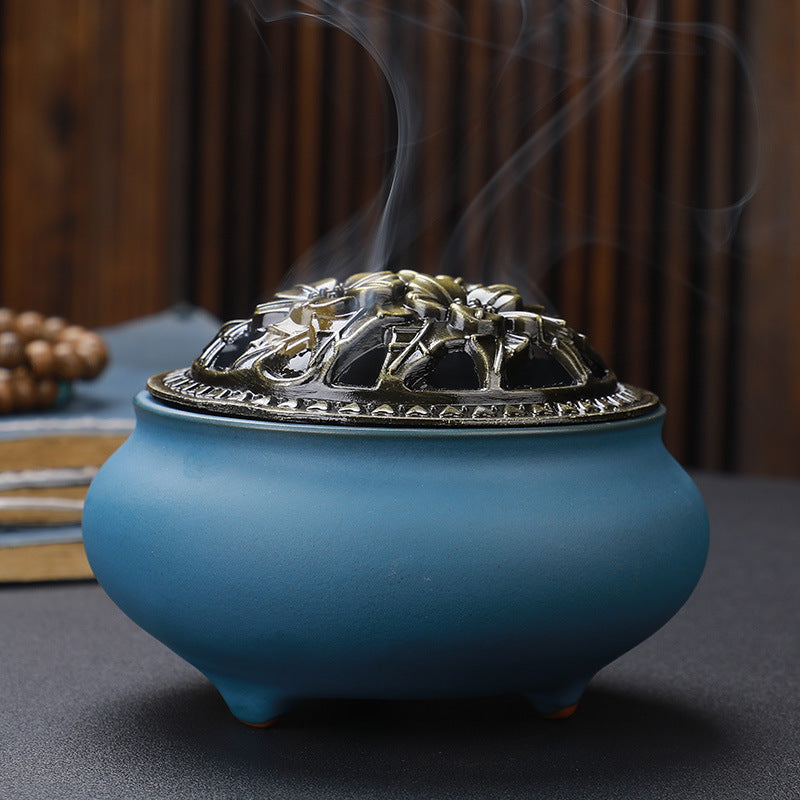 Ceramic Incense Burner with Copper Lid 
— Buddha Antique Alloy Meditation 
Aromatherapy Burner