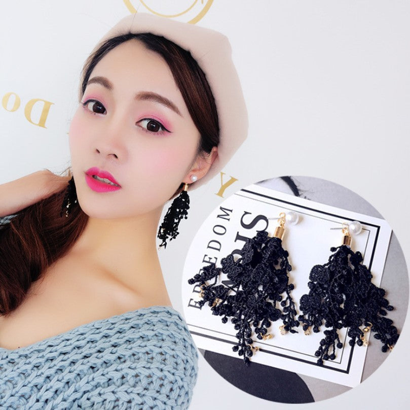 Fringed Lace Flower Rhinestone Pearl Long Dangle Earrings - Elegant Tassel Drop Earrings