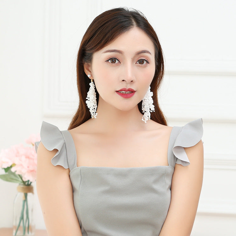 Fringed Lace Flower Rhinestone Pearl Long Dangle Earrings - Elegant Tassel Drop Earrings