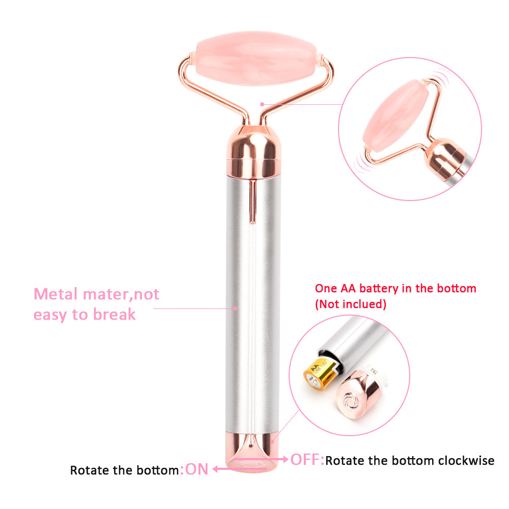 Electric Rose Quartz Jade Facial Roller — Natural Vibrating Face Massager for Anti-Aging, Skin Lifting & Glow