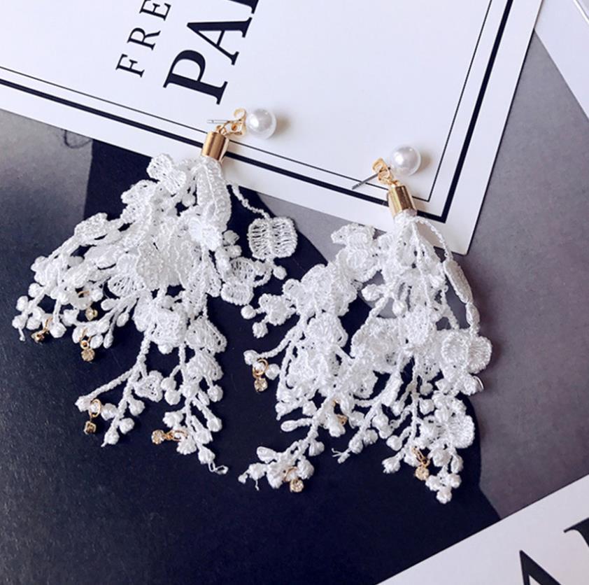 Fringed Lace Flower Rhinestone Pearl Earrings | Elegant Tassel Drop Dangle Earrings