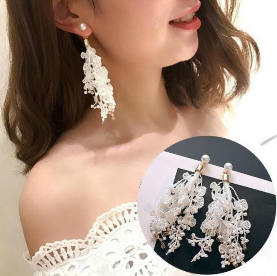 Fringed Lace Flower Rhinestone Pearl Earrings | Elegant Tassel Drop Dangle Earrings